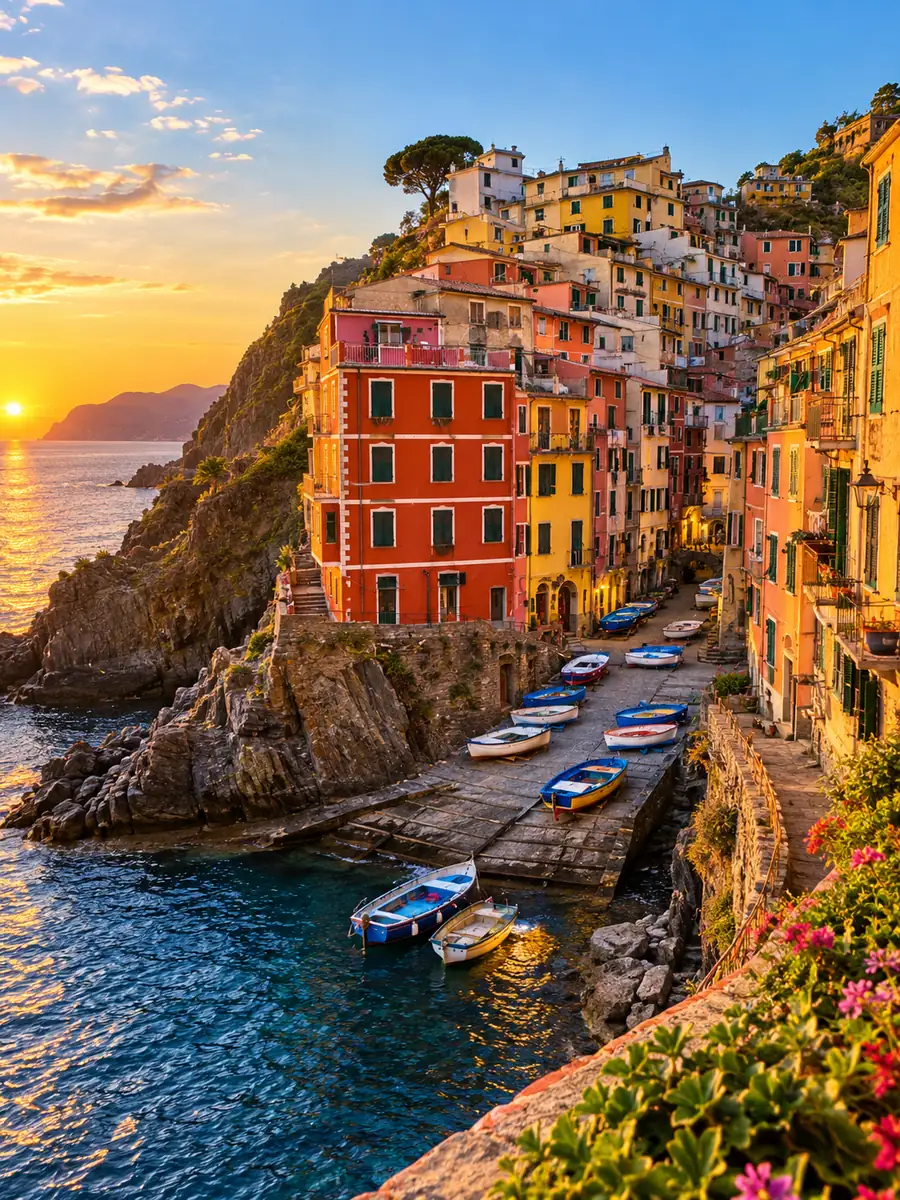 Die roten und gelben Häuser von Riomaggiore über einem kleinen Hafen zur goldenen Stunde