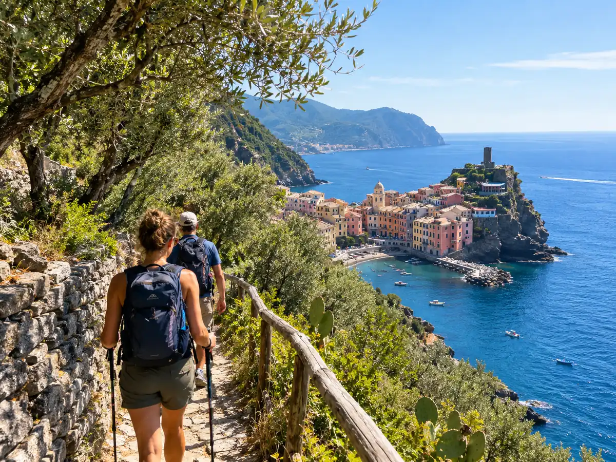 Wanderer auf einem Küstenweg über dem Meer, vor ihnen Vernazza